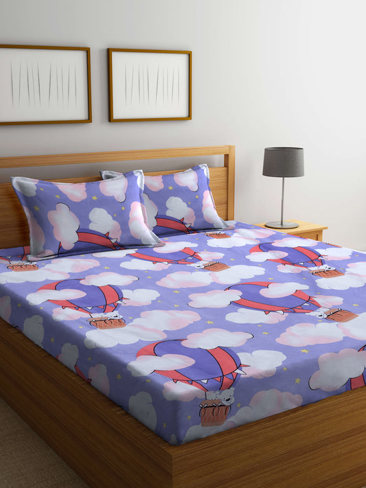 Klotthe Multicolor Cartoon Characters 300 TC Cotton Blend Fitted Double Bedsheet in Book Fold Packing