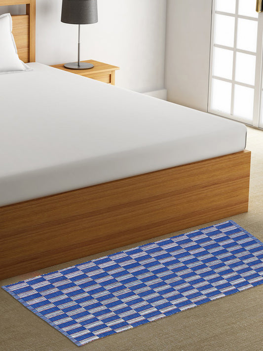 Klotthe Blue Rectangular Geometric Cotton Anti-Skid Rugs