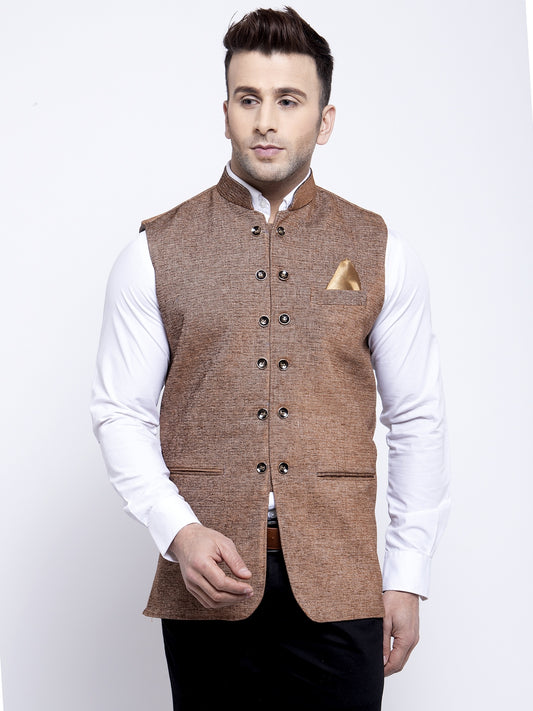 KLOTTHE Brown Cotton Blend Woven Design Nehru Jacket
