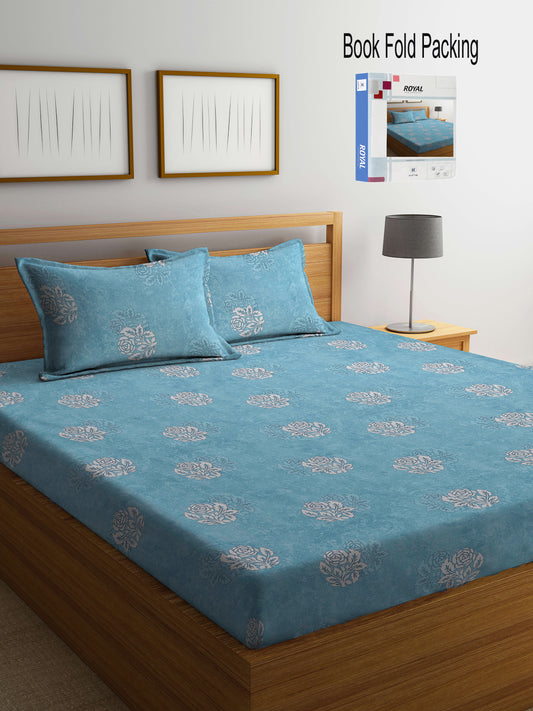 Klotthe Turquoise Floral 400 TC Pure Cotton Double Bedsheet Set in Book Fold Packing