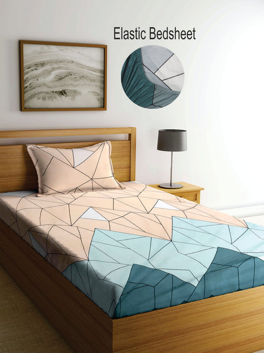 Klotthe Multi Geometric 300 TC PolyCotton Elasticated Single Bedsheet with Pillow Cover
