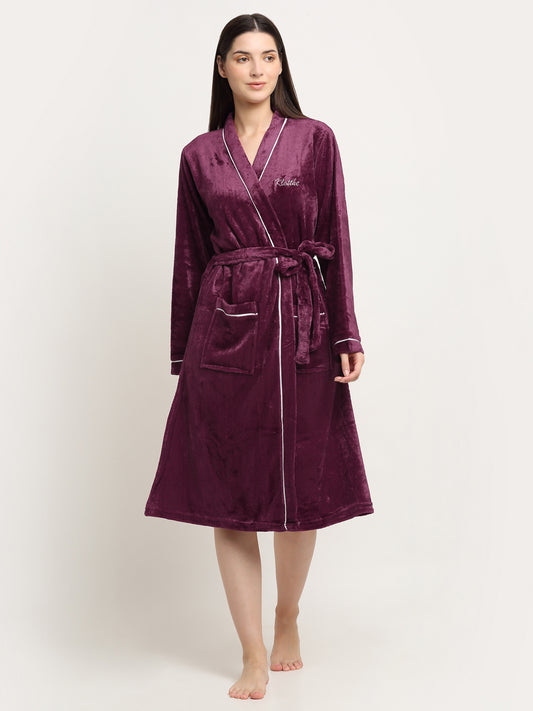 Klotthe Women Maroon Solid Wool Bath Robe With Belt