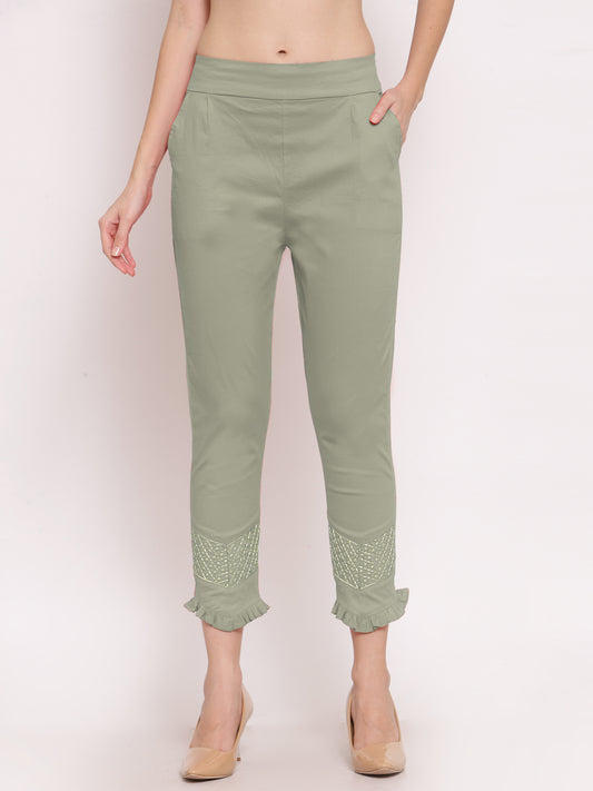Klotthe Women Sage Green Solid Slim Fit Trouser