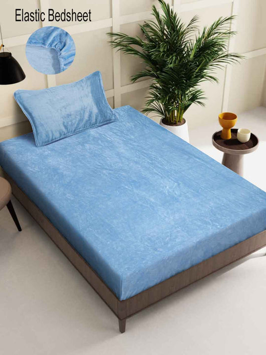 Klotthe Sky Blue Solid Woolen Fitted Single Bed Sheet with Pillow Cover