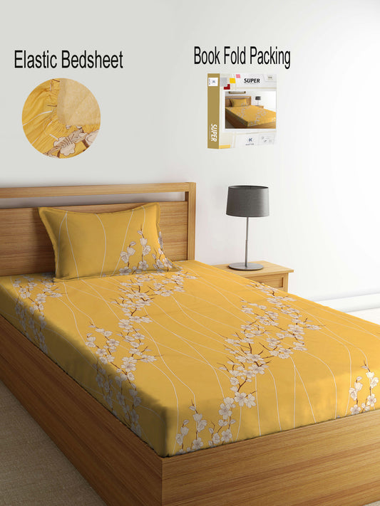 Klotthe Multicolor Floral 400 TC Pure Cotton Fitted Single Bedsheet Set in Book Fold Packing
