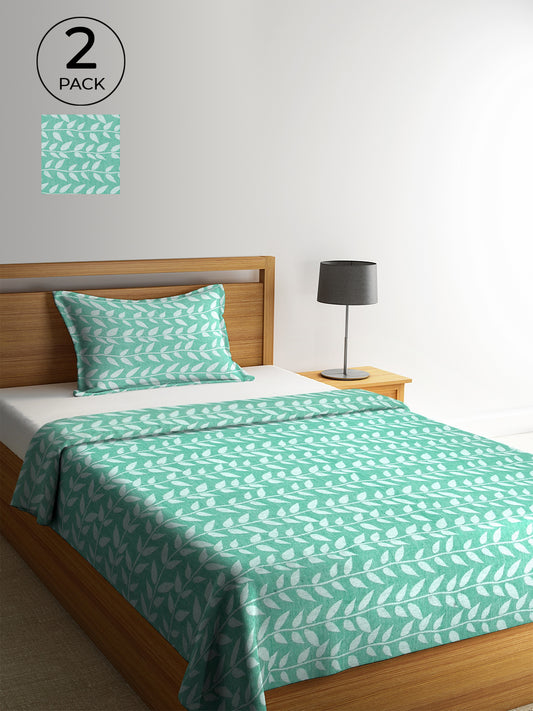 KLOTTHE Set Of 2 Green Cotton Woven Design Single Bed Cover with 2 Pillow Cover (225X150 cm)