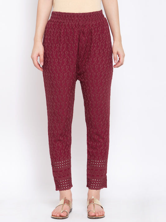 KLOTTHE Maroon Cotton Embroidered Trouser