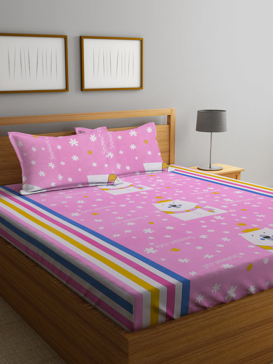 Klotthe Kids Pink Cotton 300 TC Double Bedsheet with 2 Pillow Covers