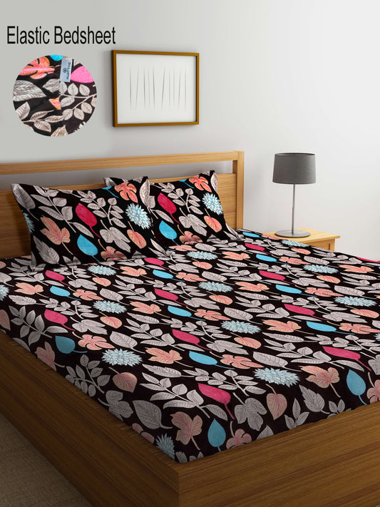 Klotthe Brown Floral Woolen Fitted Double Bed Sheet with 2 Pillow Covers