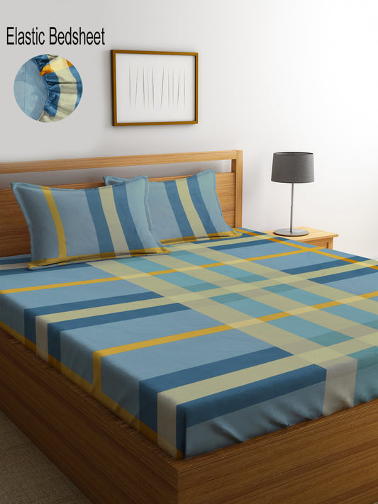 Klotthe Blue Geometric 300 TC Cotton Blend Elasticated Double Bedsheet Set in Book Fold Packing