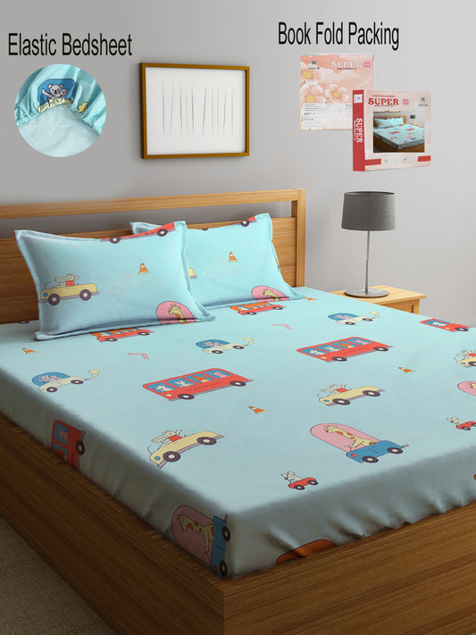 Klotthe Multi Cartoon Print 300 TC Cotton Blend Elasticated Double Bedsheet with 2 Pillow Cover in Book Fold Pack