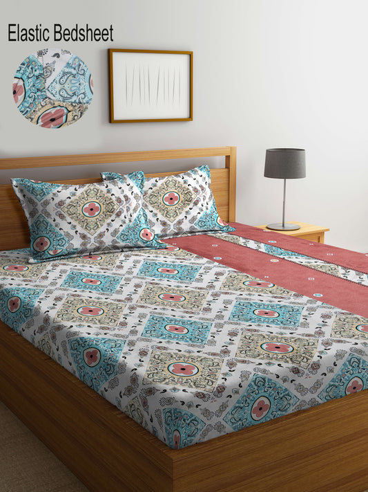 Klotthe Multi Floral 300 TC Cotton Blend Elasticated Super King Double Bedsheet with 2 Pillow Covers (270X270 cm)
