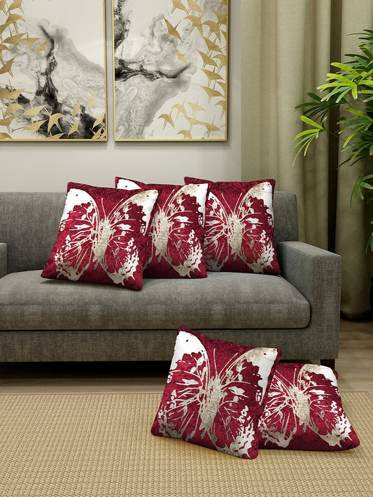 KLOTTHE Set of Five Maroon Poly Cotton Cushion Covers With Microfibre Fillers (40X40 cm)