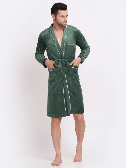 Klotthe Men Green Solid Wool Bath Robe With Belt