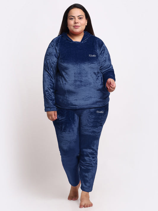 Klotthe Women Blue Solid Wool Blend Hooded Night Suit