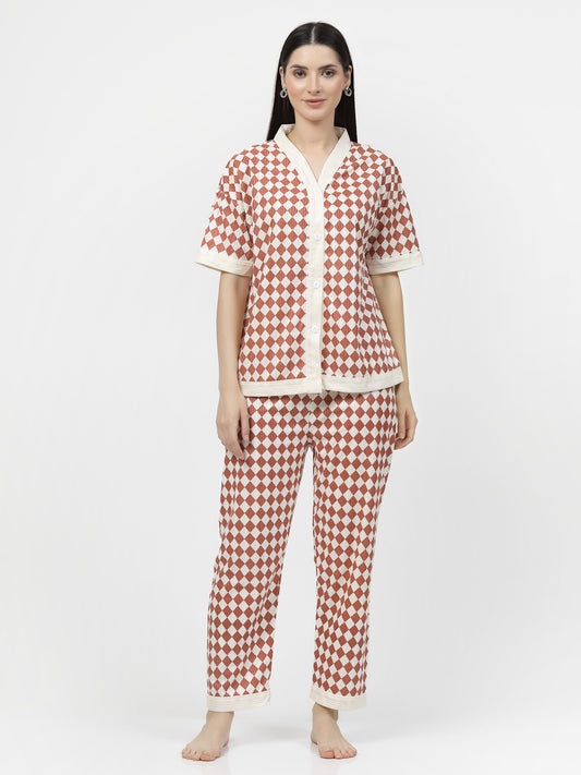 Klotthe Women Brown Geometric Satin Night Suit by KLOTTHE