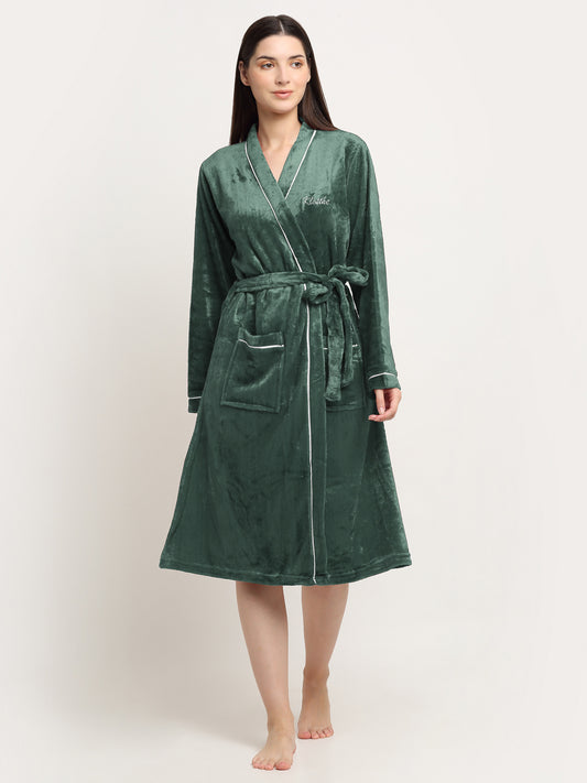 Klotthe Women Green Solid Wool Bath Robe With Belt