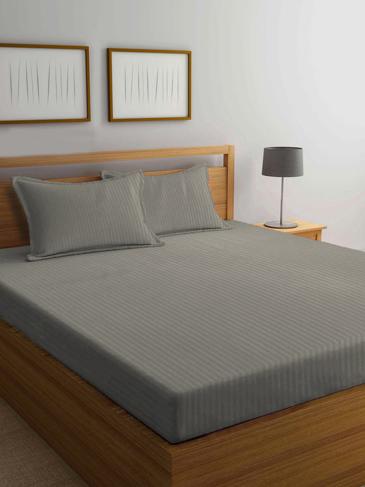 Klotthe Beige Striped 300 TC Cotton Blend Double Bedsheet with 2 Pillow Covers