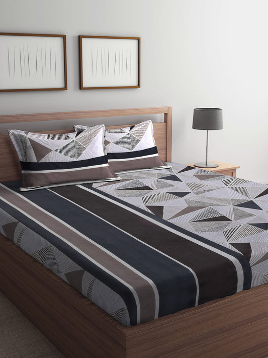 Klotthe Multicolor Geometric 300 TC Cotton Blend Fitted Double Bedsheet in Book Fold Packing
