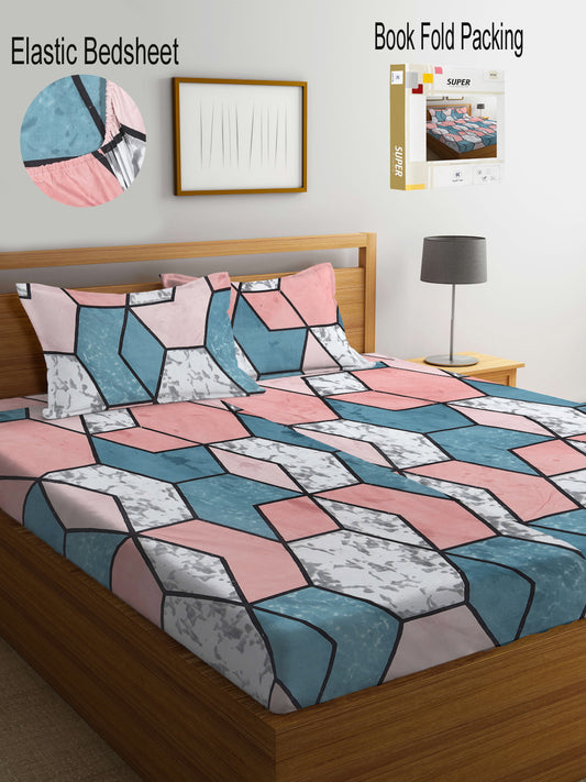Klotthe Multi Abstract 300 TC Cotton Blend Fitted Super King Double Bedsheet Set in Book Fold Packing (270X270 cm)
