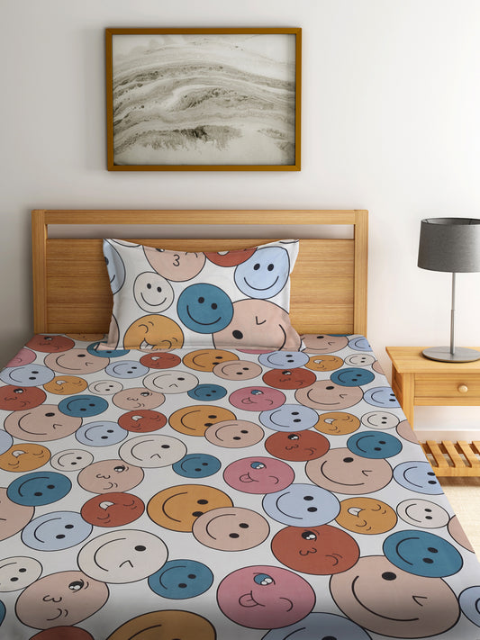 Klotthe Multi Cartoon Characters 300 TC Cotton Blend Single Bedsheet with Pillow Cover