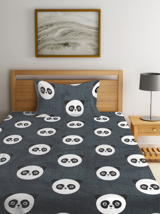KLOTTHE Black Polycotton Cartoon Characters BedSheet With 1 Pillow Cover (225X150 cm)