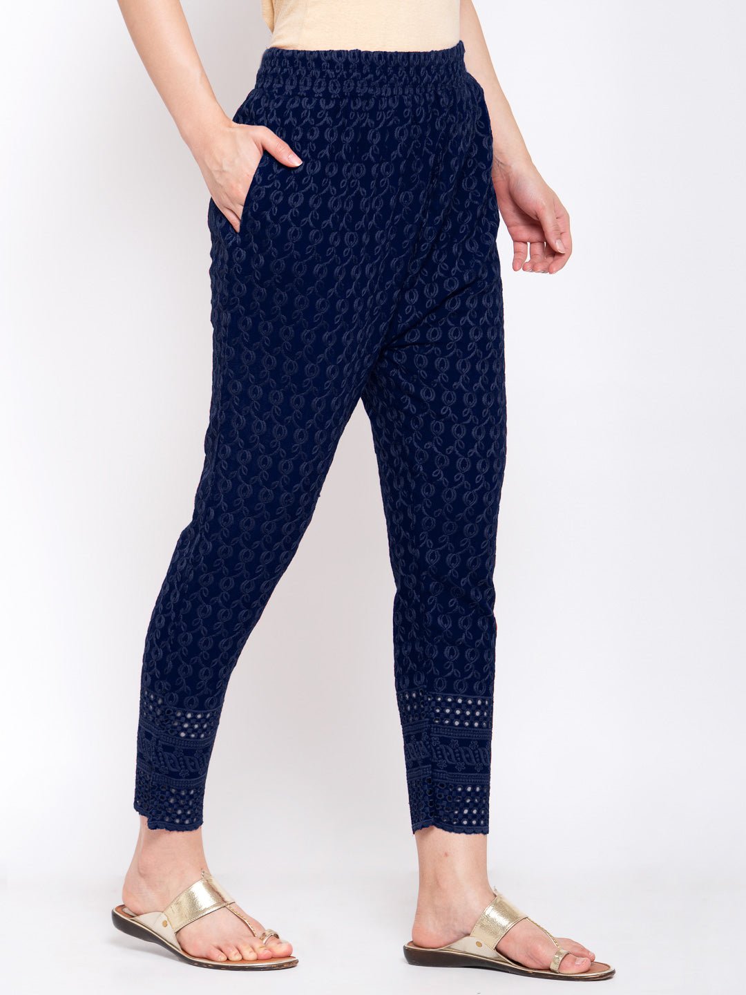 KLOTTHE Navy Blue Cotton Embroidered Trouser