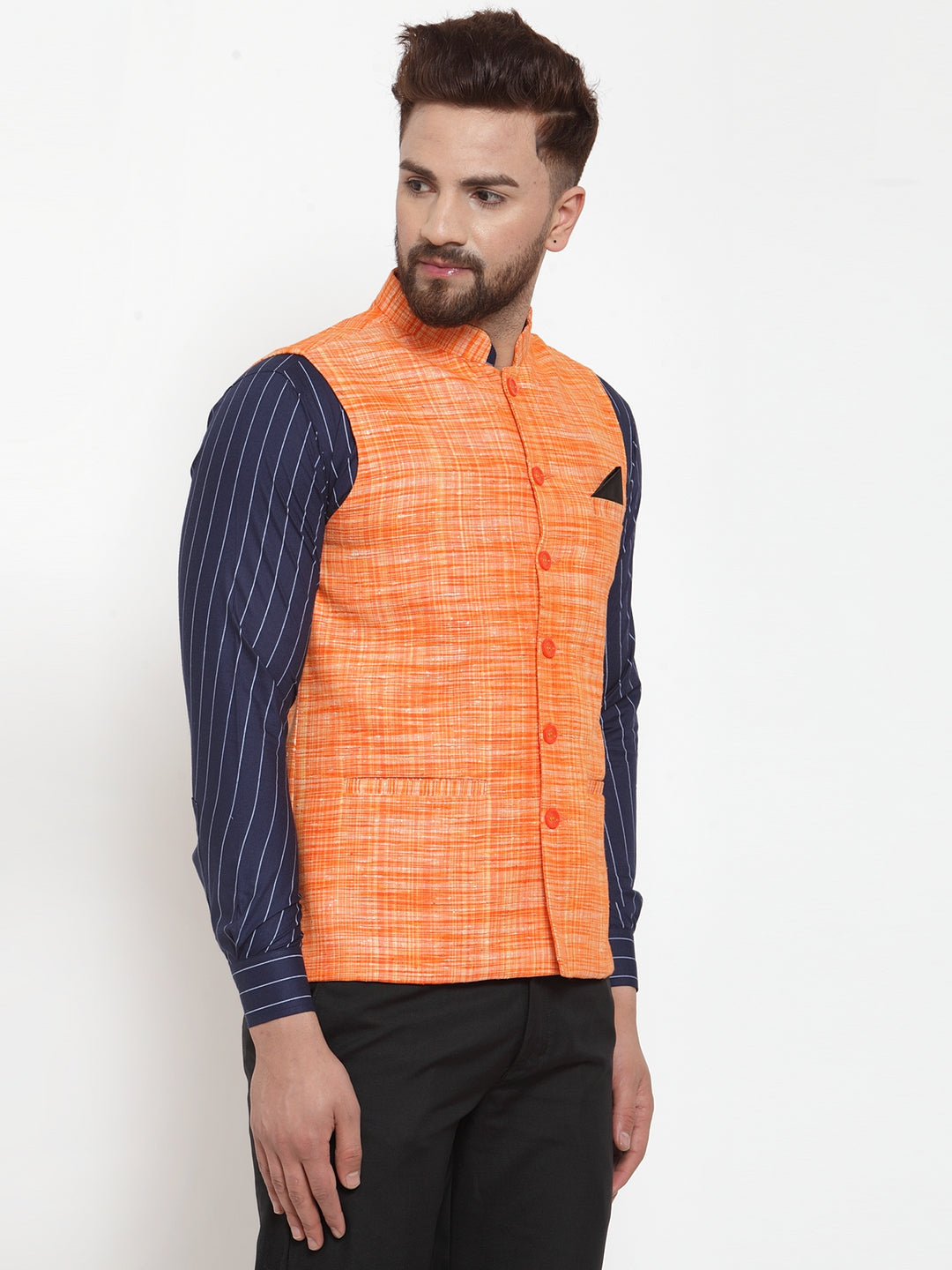 KLOTTHE Orange Pure Cotton Woven Design Nehru Jacket