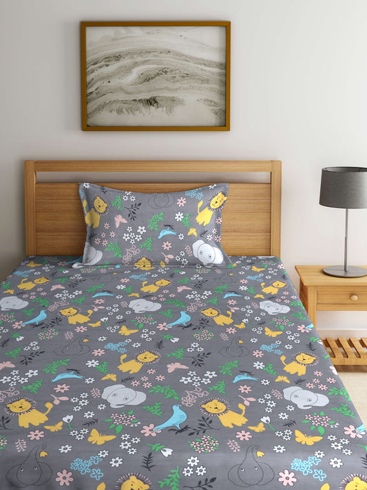 Klotthe Multi Cartoon Characters Polycotton 250 TC Flat Single Bedsheet with Pillow Cover