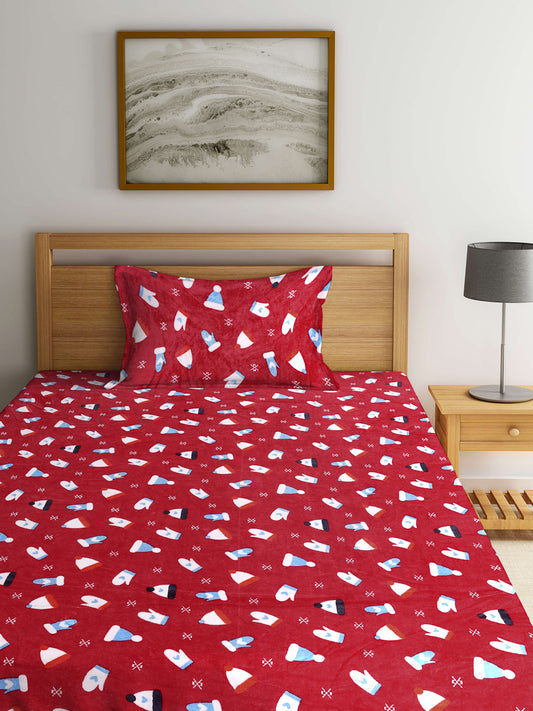 Klotthe Multicolor Cartoon Characters Woolen Fitted Single Bed Sheet with Pillow Cover