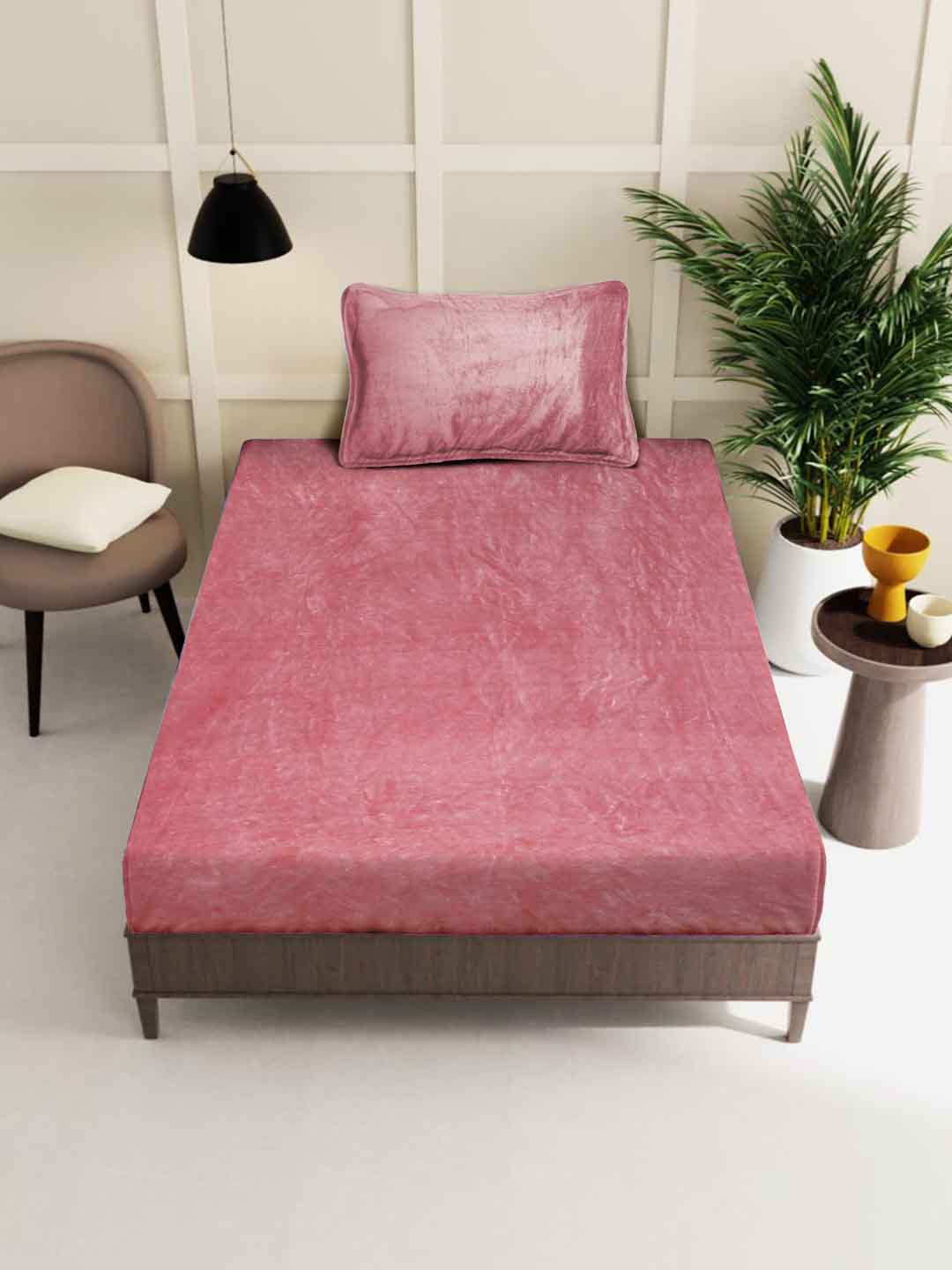 Klotthe Rust Solid Woolen Fitted Single Bed Sheet with Pillow Cover