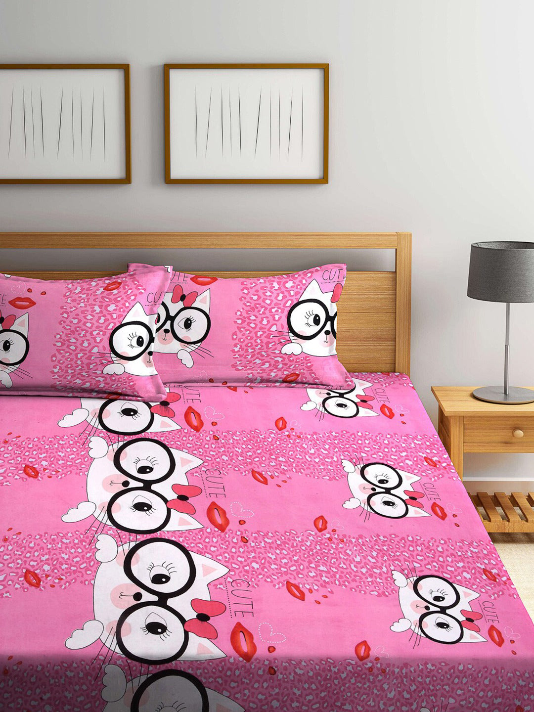 Klotthe Cartoon Characters Pink 300 TC Cotton Blend Elasticated Double Bedsheet with 2 Pillow covers