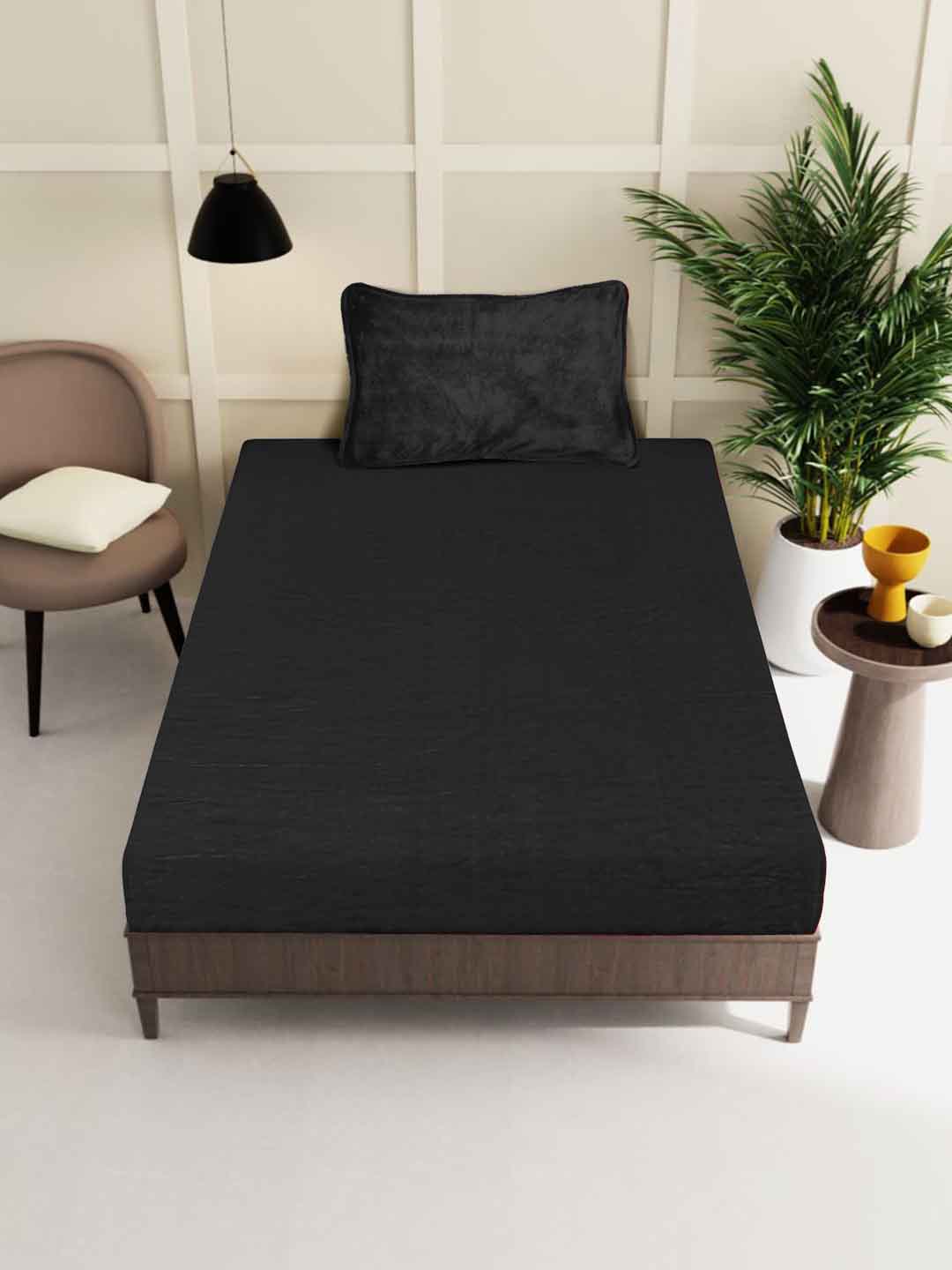Klotthe Black Solid Woolen Single Bed Sheet with Pillow Cover