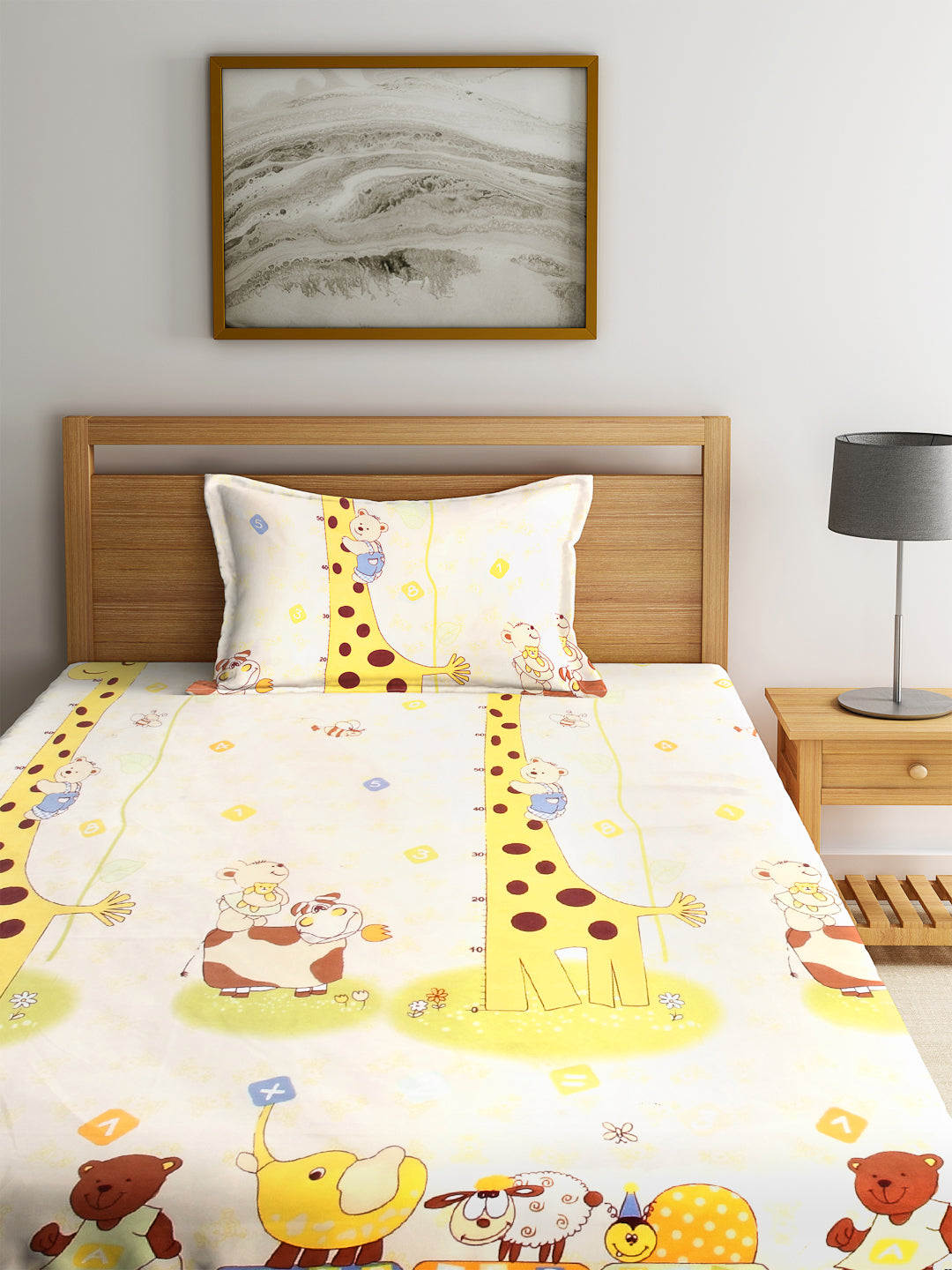 KLOTTHE Yellow Polycotton Cartoon Characters BedSheet With 1 Pillow Cover (225X150 cm)