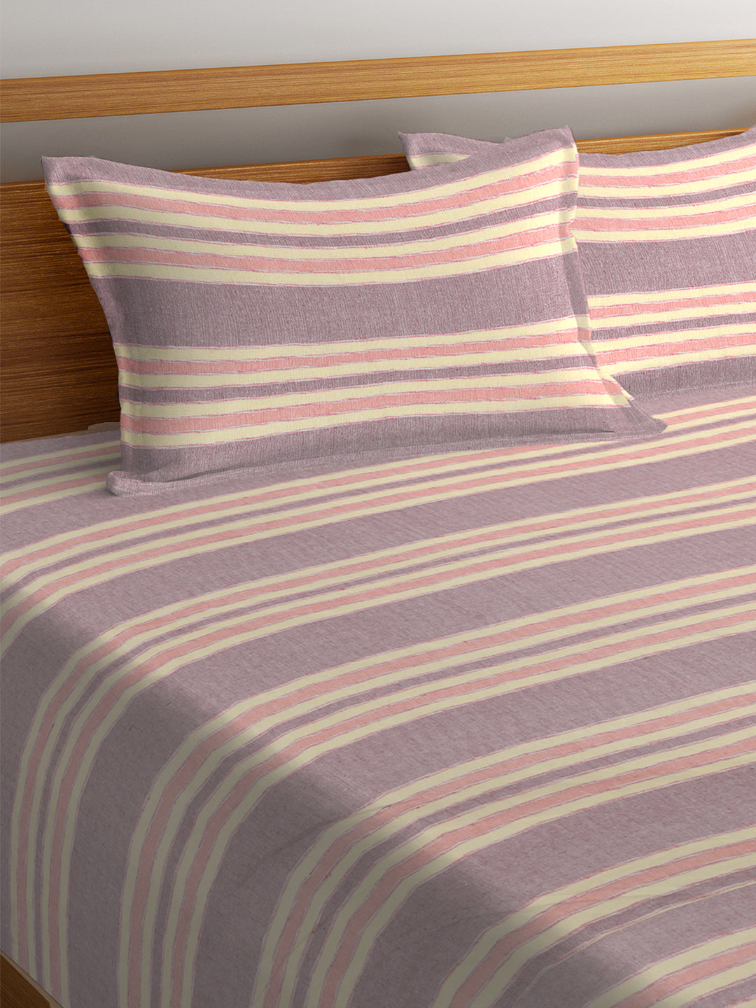 KLOTTHE Multi Cotton Striped Double Bed - King Bed Cover With 2 Pillow Covers (250X225 cm)