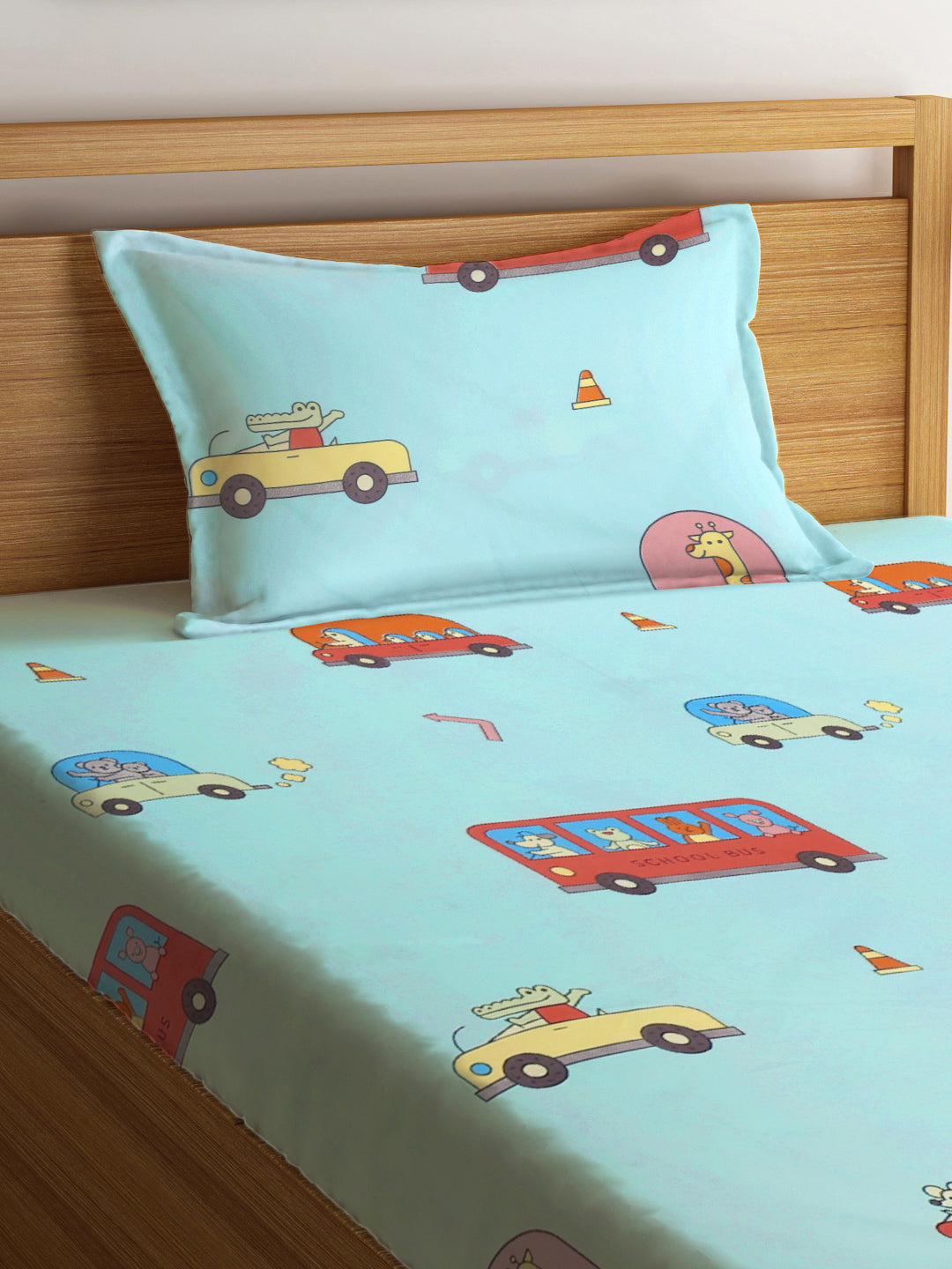 Klotthe Multi Cartoon Characters 210 TC Cotton Blend Single BedSheet with Pillow Cover