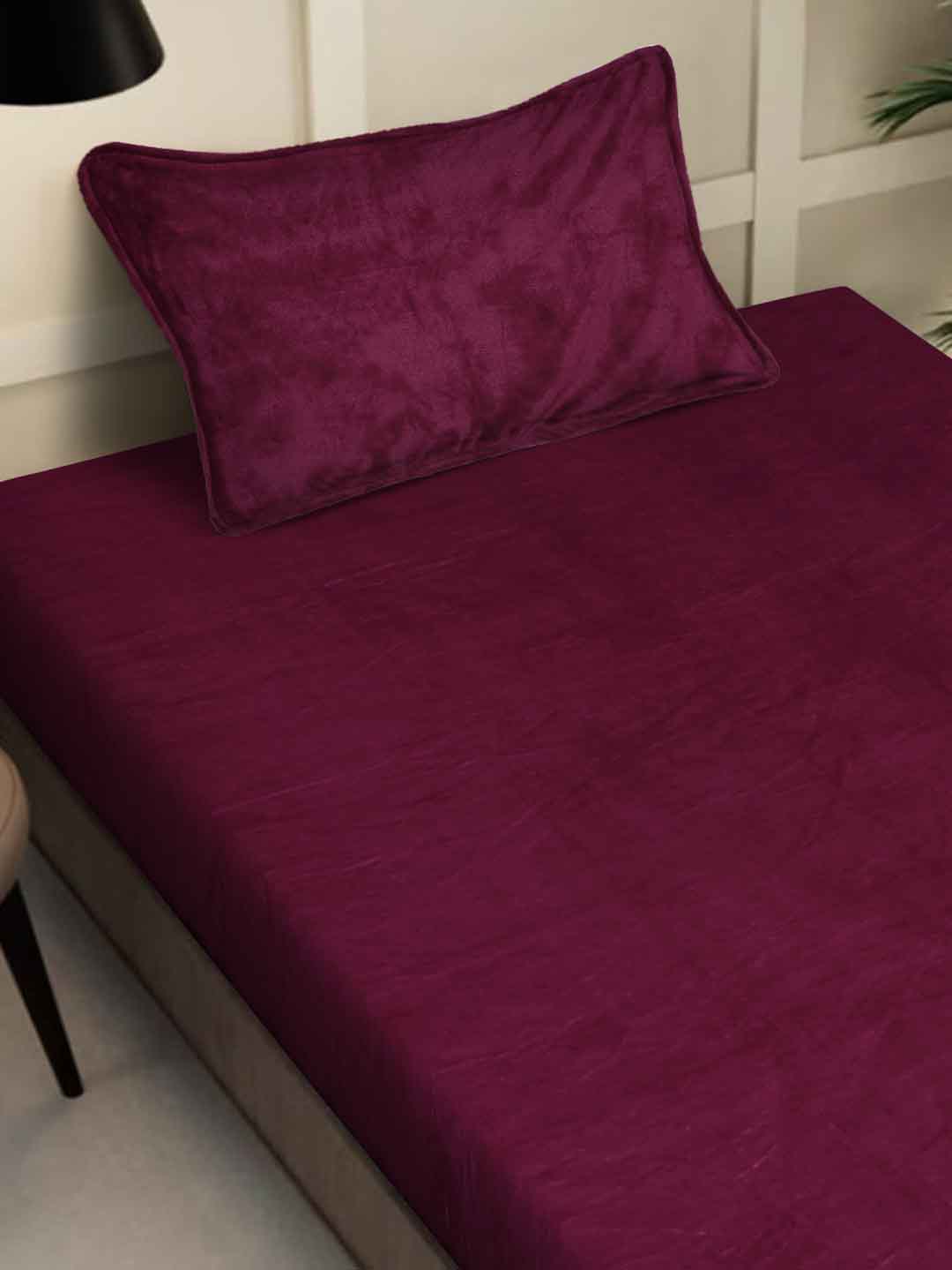 Klotthe Maroon Solid Woolen Fitted Single Bed Sheet with Pillow Cover