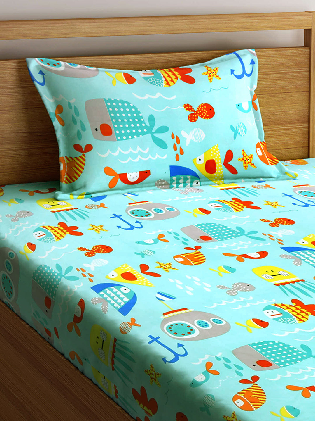 Klotthe Turquoise Kids Print Cotton Blend Single Bedsheet with Pillow cover