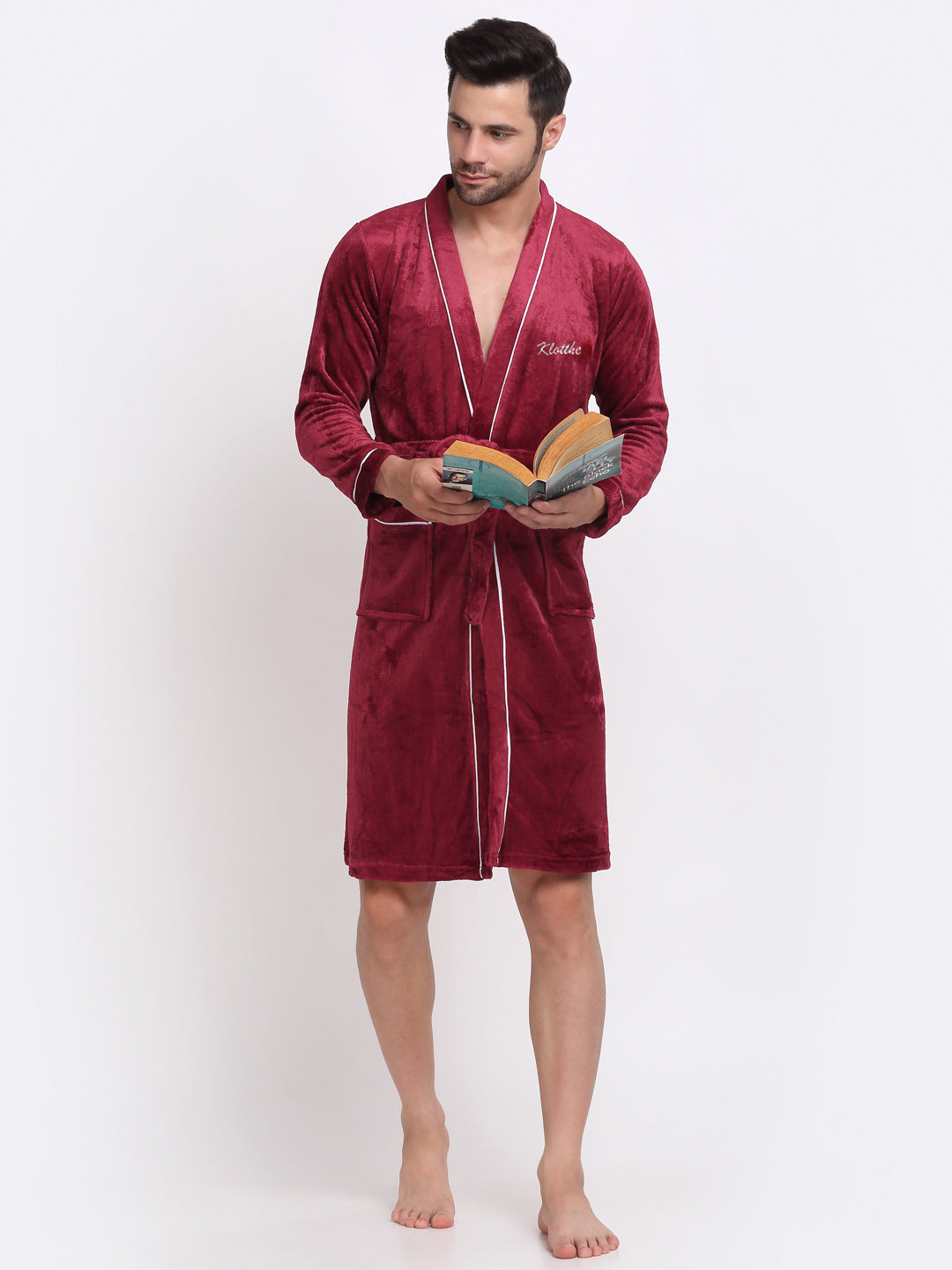 Klotthe Men Red Solid Wool Bath Robe With Belt