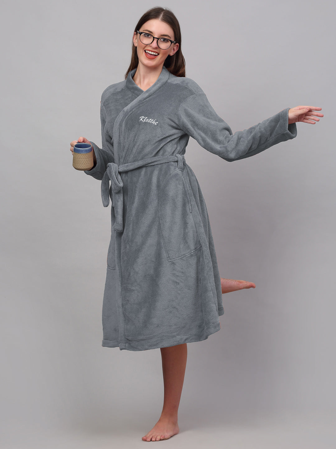 Klotthe Women Grey Solid Bath Robe With Belt