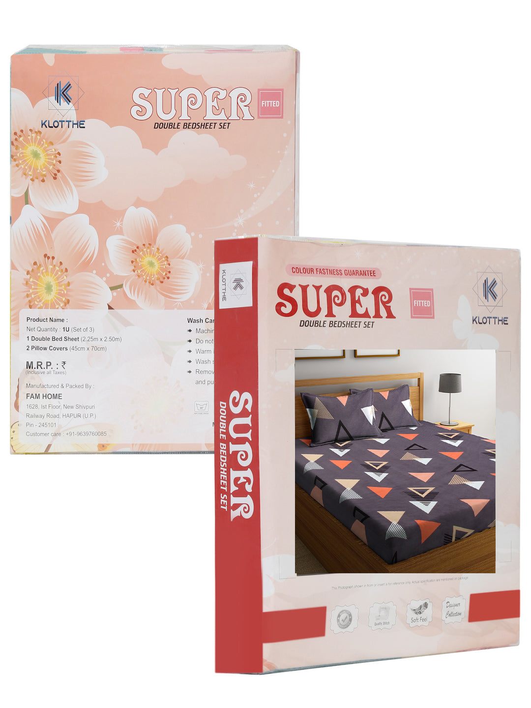Klotthe Purple Geometric 300 TC Cotton Blend Elasticated Double Bedsheet with 2 Pillow Cover in Book Fold Pack