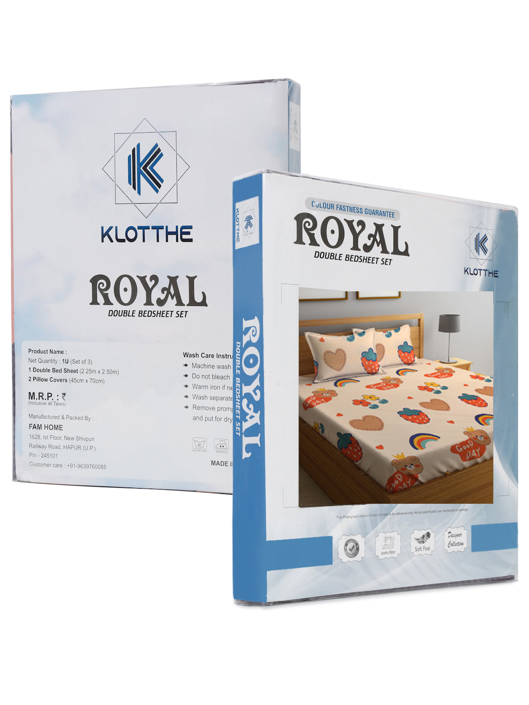 Klotthe Multi Cartoon Print 300 TC Cotton Blend Double Bed Sheet with 2 Pillow Covers in Book Fold Packing