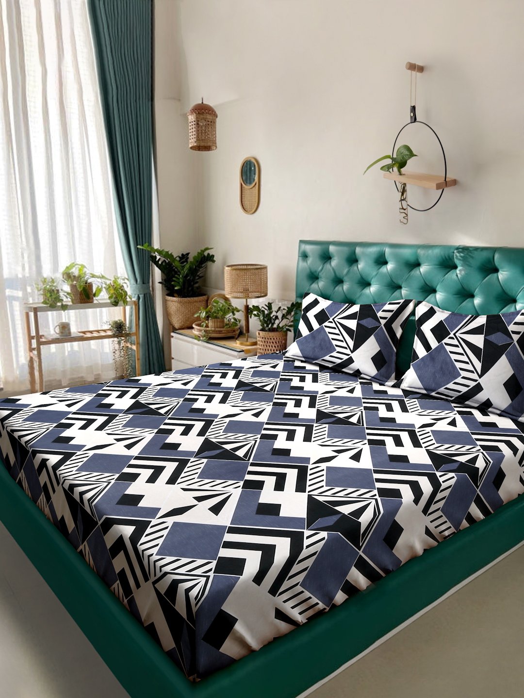 Multi Geometric 300 TC Cotton Blend Double Bedsheet with 2 Pillow Covers
