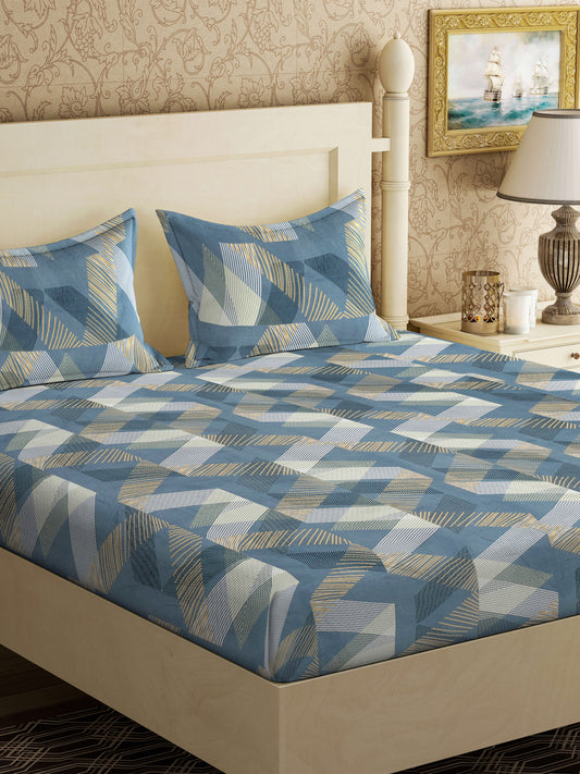 Klotthe Turquoise Abstract 300 TC Cotton Blend Double Bedsheet with 2 Pillow Covers