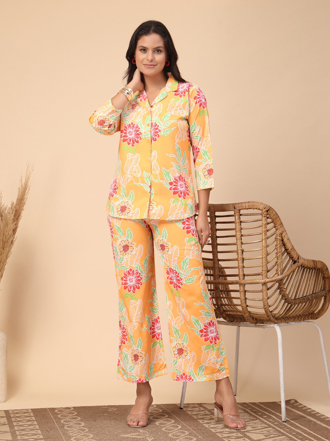 Yellow Cotton Printed Shirt With Trousers Co-Ords Set
