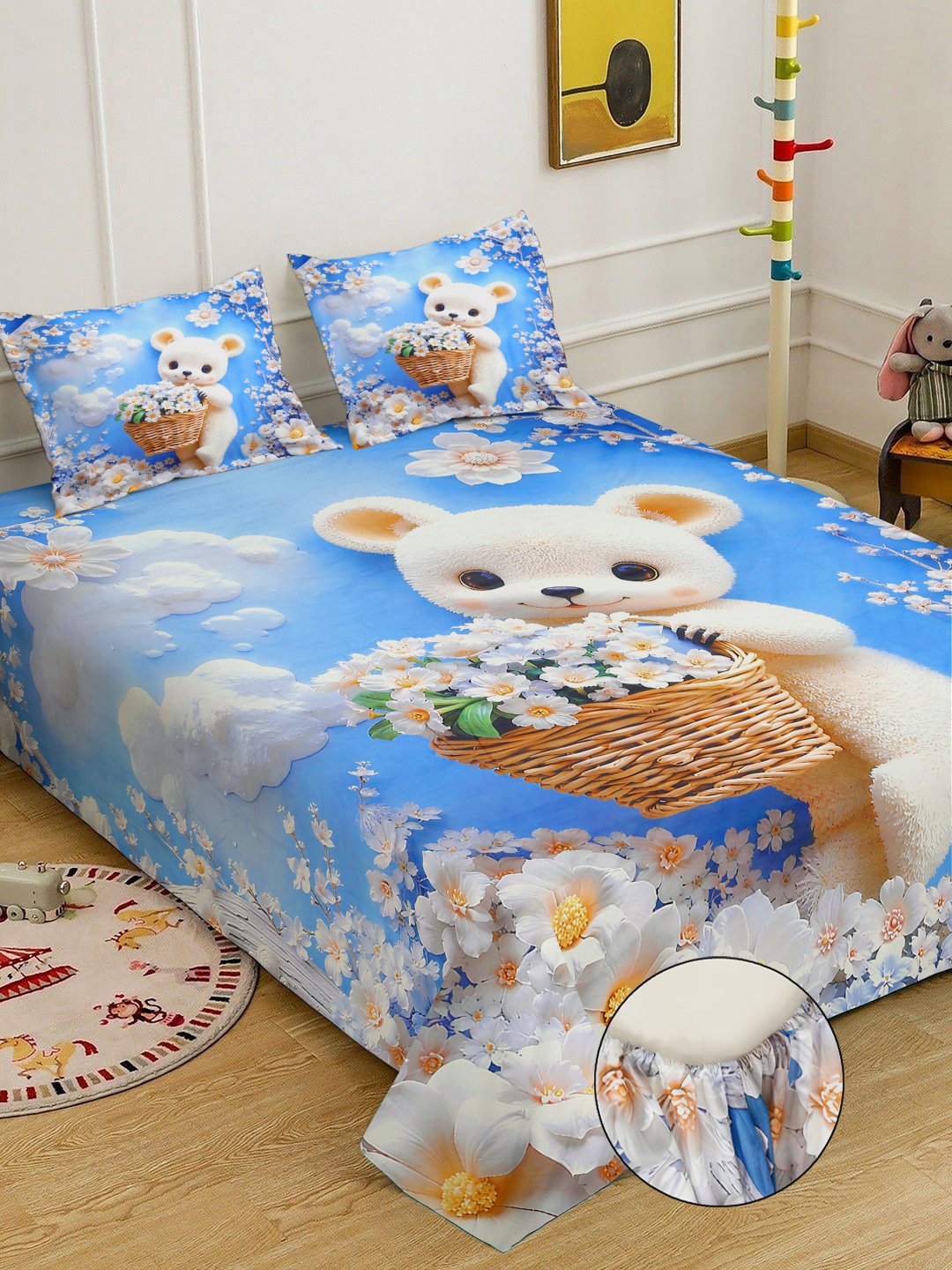 Blue Cartoon Characters 7D King Size Cotton Blend Fitted Double Bedsheet with 2 Pillow Covers
