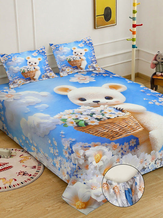 Blue Cartoon Characters 7D King Size Cotton Blend Fitted Double Bedsheet with 2 Pillow Covers
