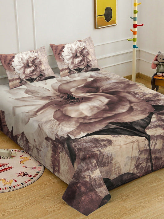 Brown 7D Floral Printed Cotton Blend Double Bedsheet with 2 Pillow Covers