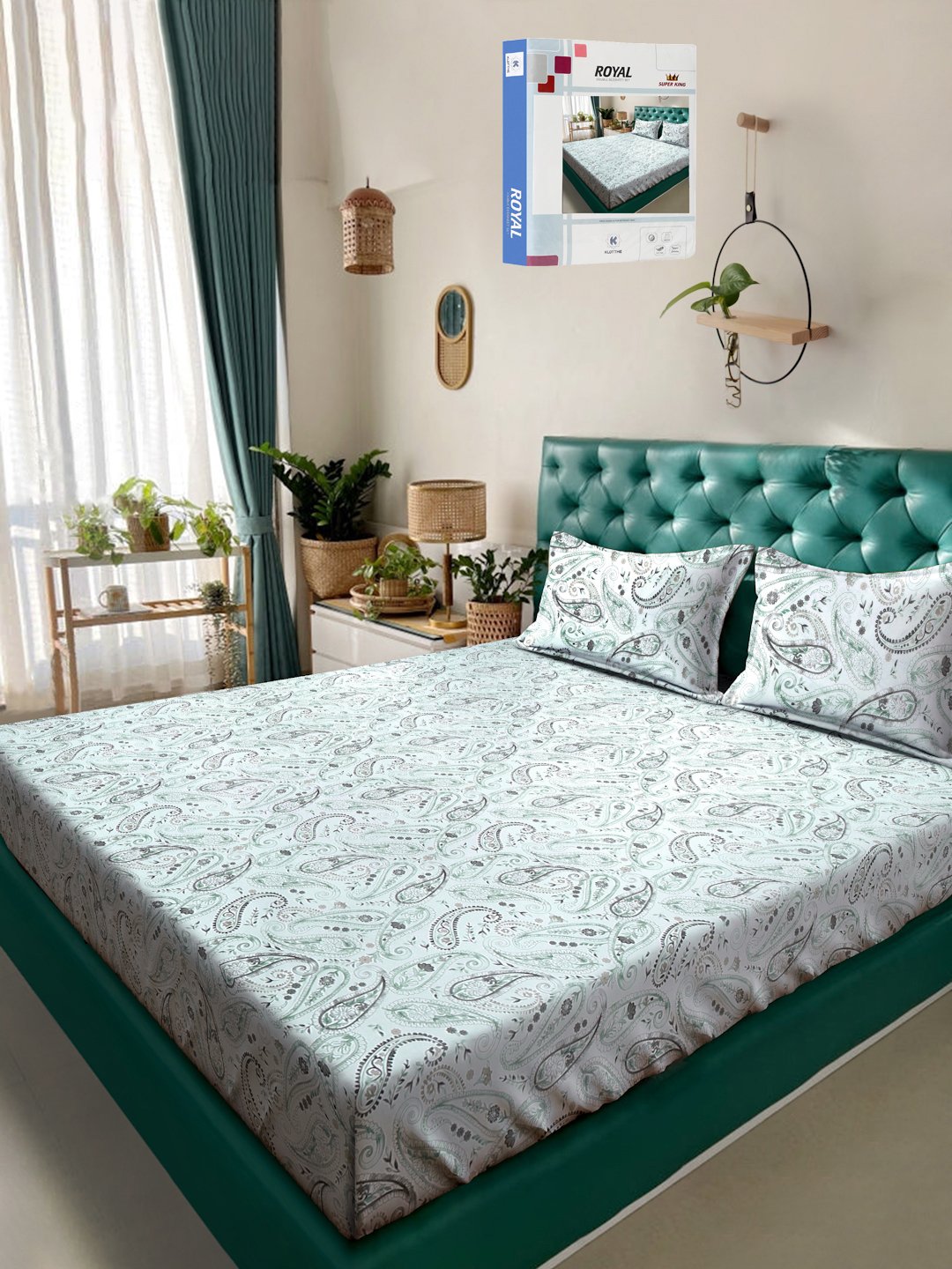 Green Floral 400 TC Pure Cotton Double Bedsheet in Book Fold Packing