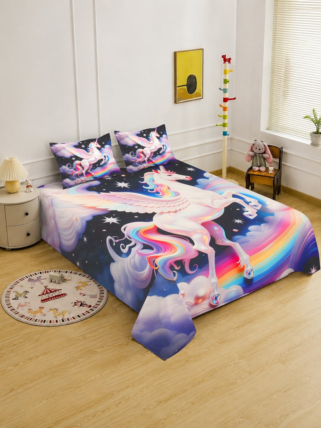 Digital Multi Cartoon Characters Cotton Blend Fitted Double Bedsheet with 2 Pillow Covers